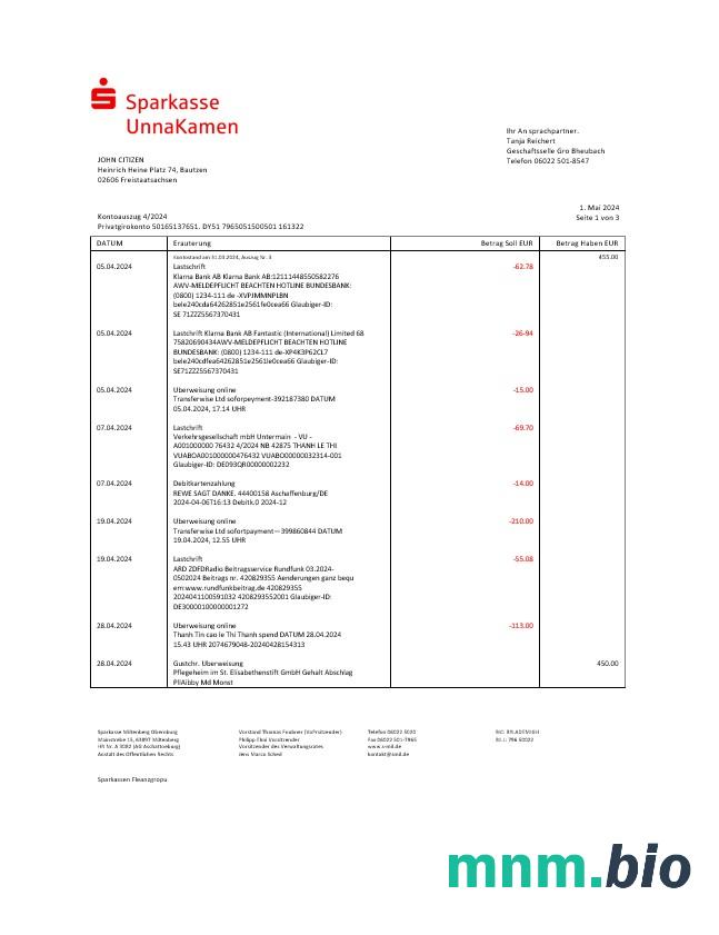 Niemcy Sparkasse Miltenburg-Obernburg wyciąg bankowy słowo i szablon PDF